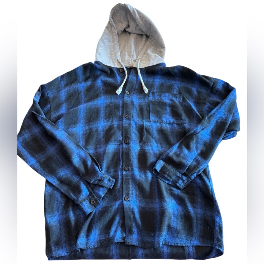 Blue Plaid Button Down Hoodie Shirt L